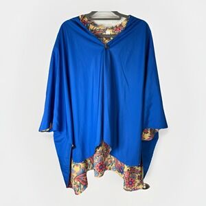 RainCaper Reversible Rain Poncho Coat Blue Floral Paisley Travel Hooded One Size